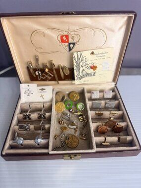 Vtg Lot of Men's Jewelry Box Cuff Links Tie/Bar Clips Studs Pins